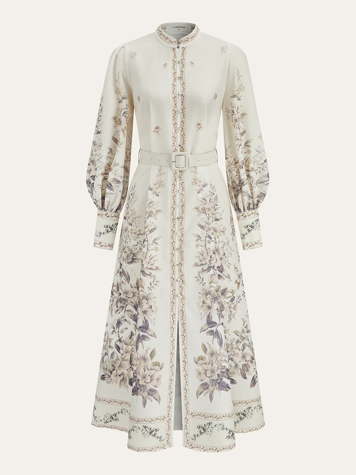 Floral Print Stand Collar Belted Midi Dress