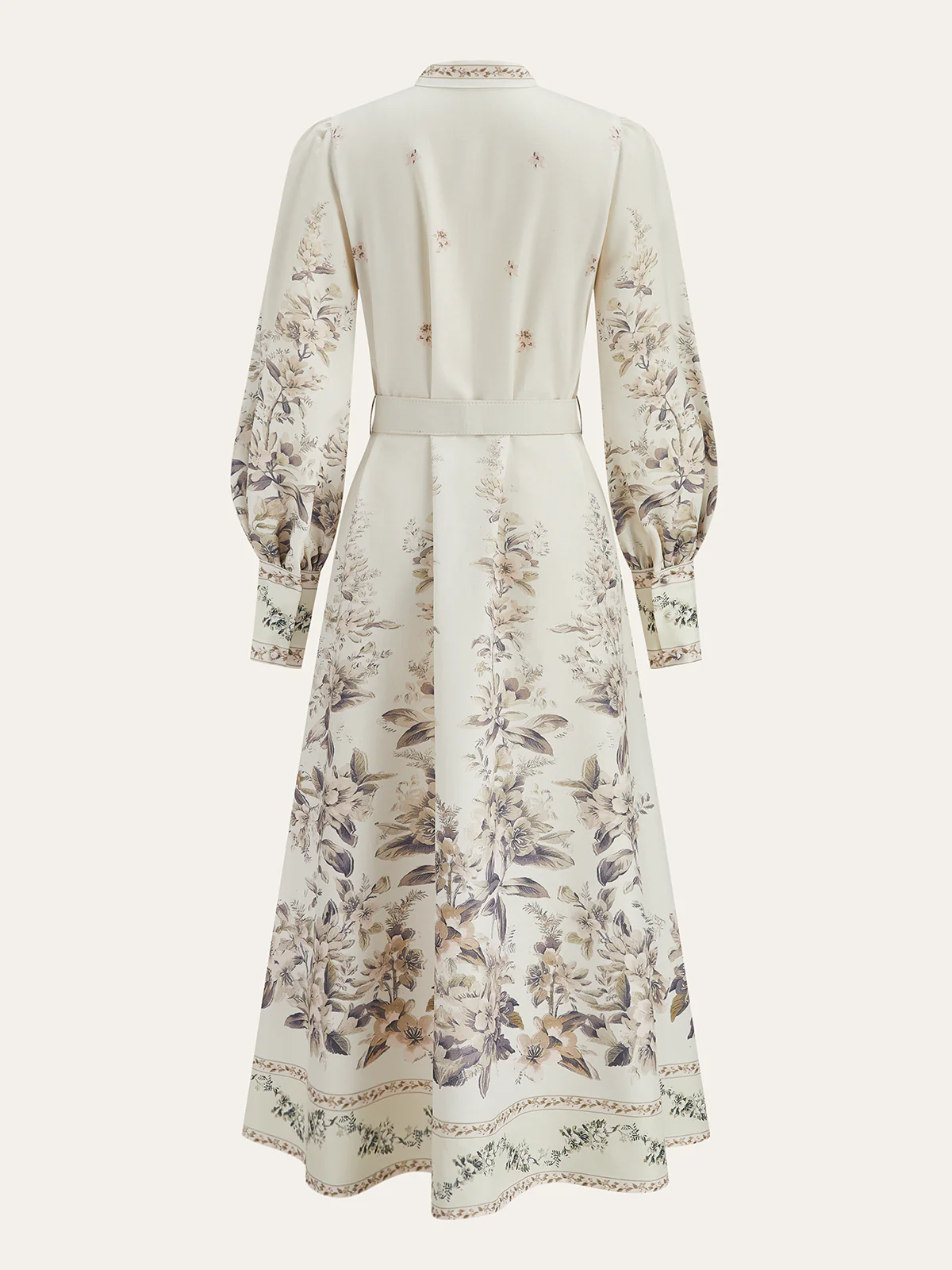 Floral Print Stand Collar Belted Midi Dress