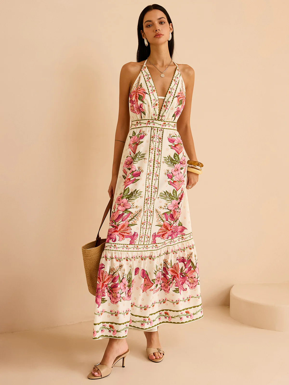 Floral Print Halter Backless Maxi Dress